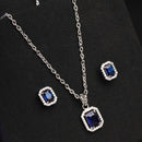 Rhodium Plated with Blue American Diamond Studded Rectangular Shaped Pendant Set