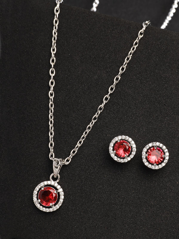 Rhodium Plated with Round Red American Diamond Studded Pendant Set