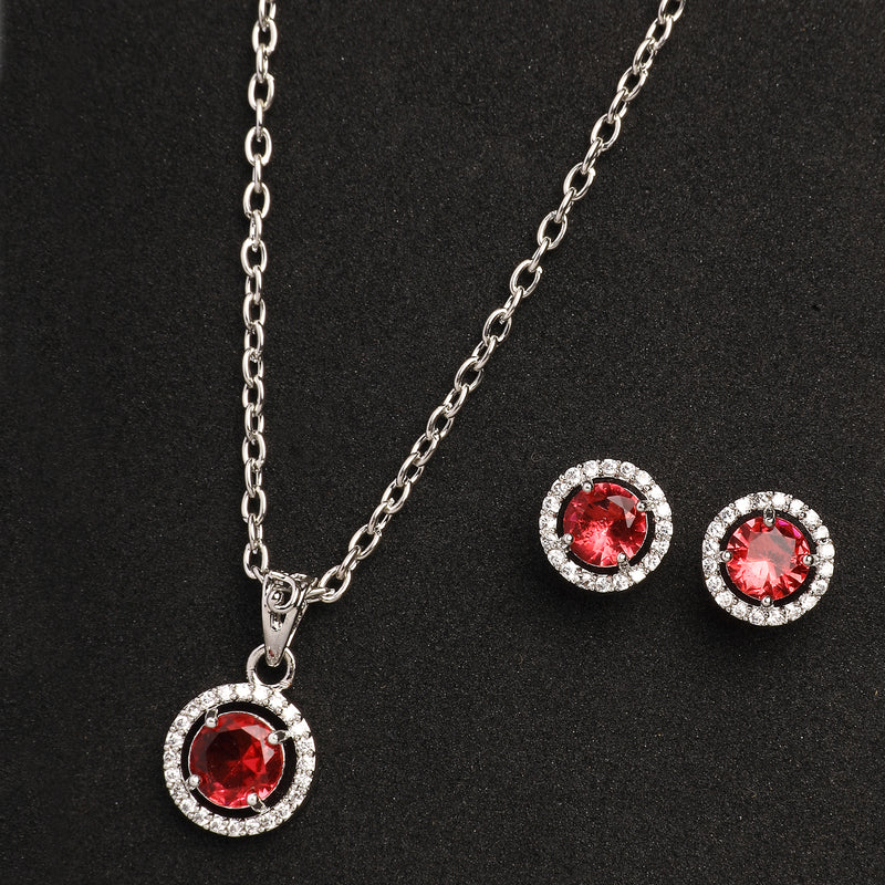 Rhodium Plated with Round Red American Diamond Studded Pendant Set