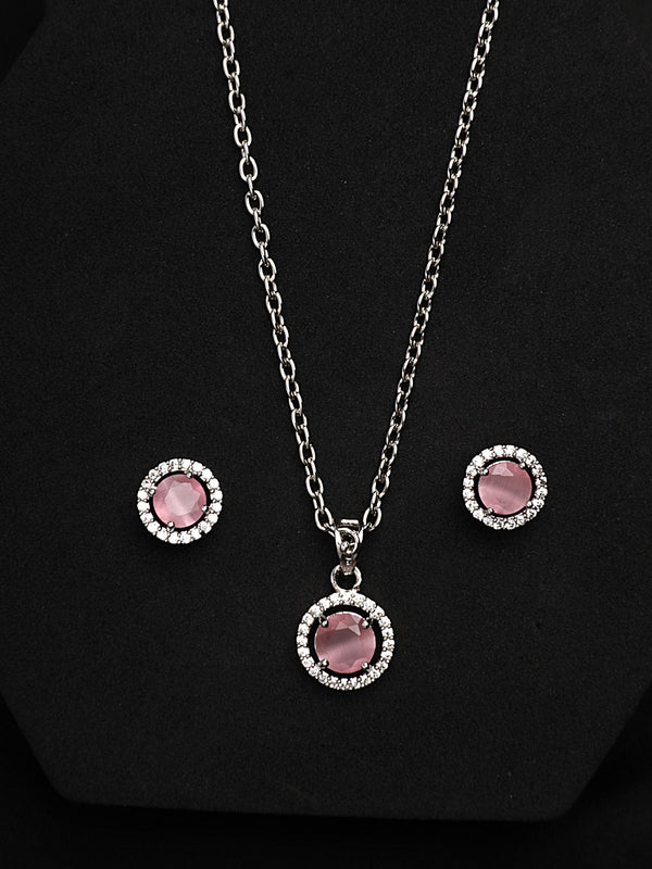 Rhodium Plated with Round Pink American Diamond Studded Pendant Set