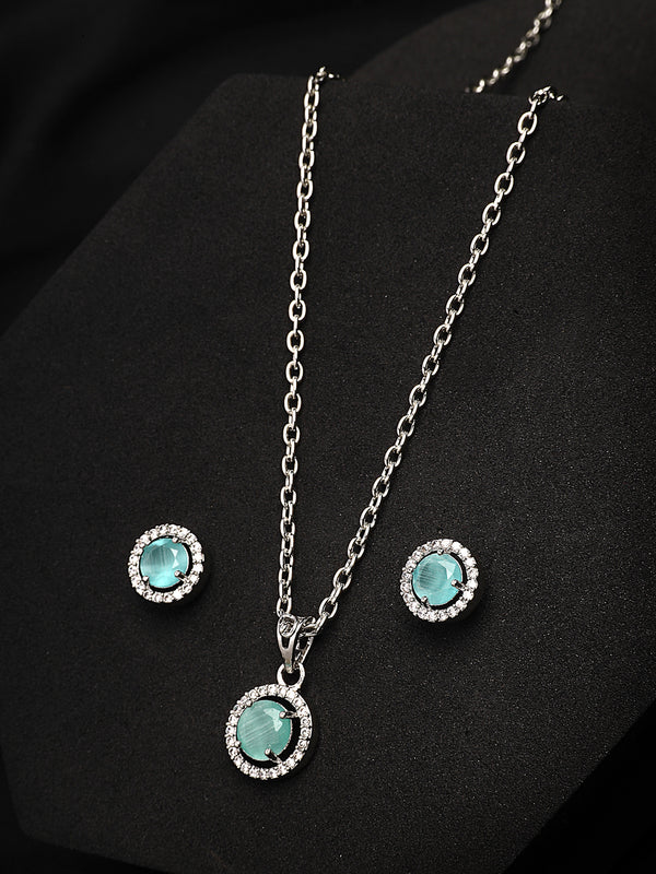 Rhodium Plated with Round Sea Green American Diamond Studded Pendant Set