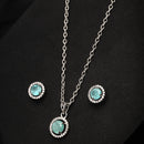 Rhodium Plated with Round Sea Green American Diamond Studded Pendant Set