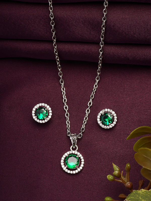 Rhodium Plated with Round Green American Diamond Studded Pendant Set