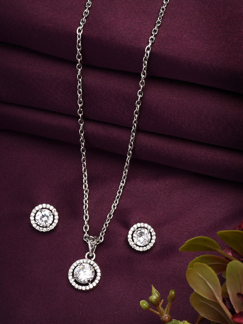 Rhodium Plated with Round White American Diamond Studded Pendant Set