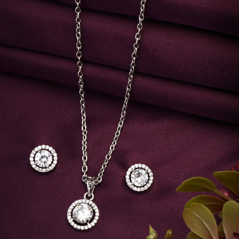 Rhodium Plated with Round White American Diamond Studded Pendant Set