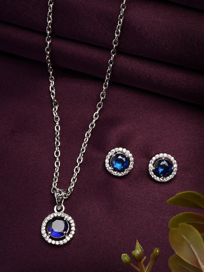 Rhodium Plated with Round Blue American Diamond Studded Pendant Set