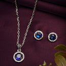 Rhodium Plated with Round Blue American Diamond Studded Pendant Set
