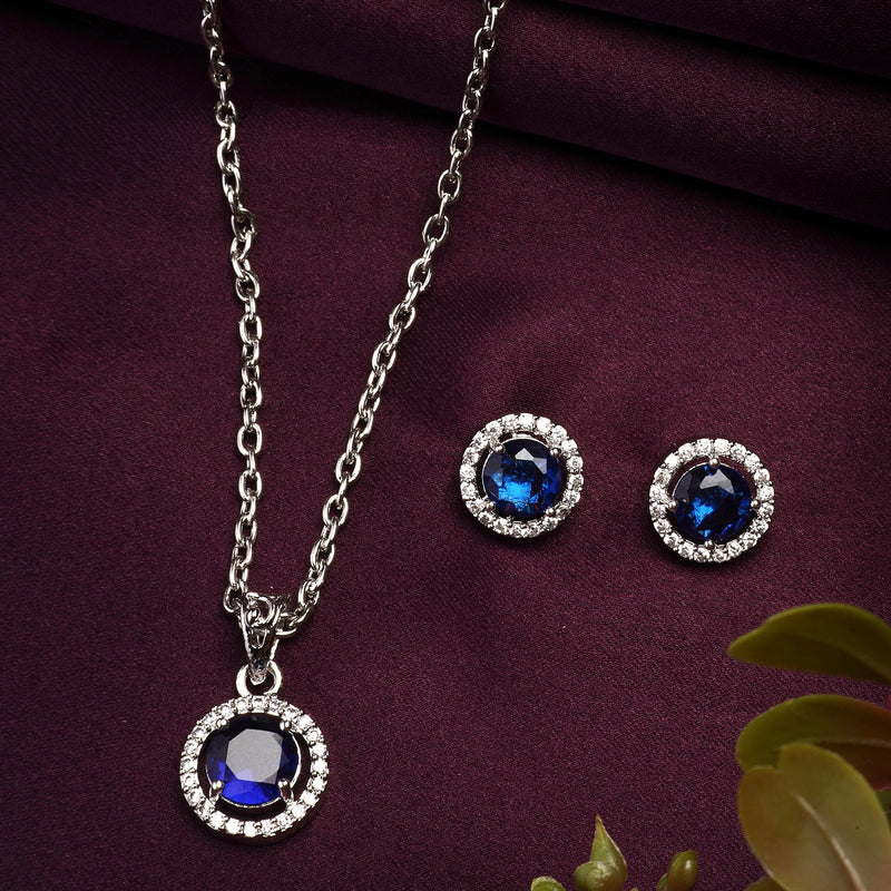 Rhodium Plated with Round Blue American Diamond Studded Pendant Set