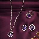 Rhodium Plated Silver Toned Violet American Diamond Studded Pendant Combo With Ring
