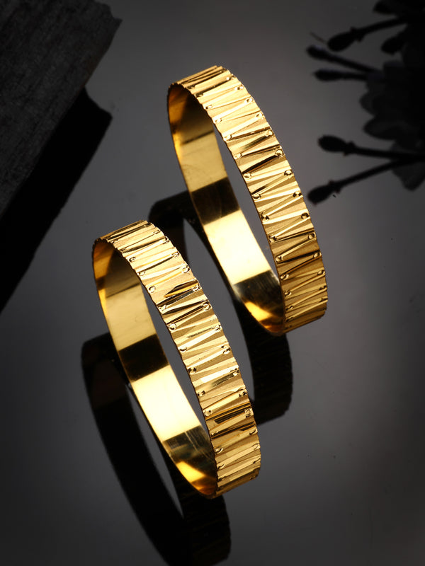 Gold Plated Set Of 2 Traditional Classic Textured Bangle Set