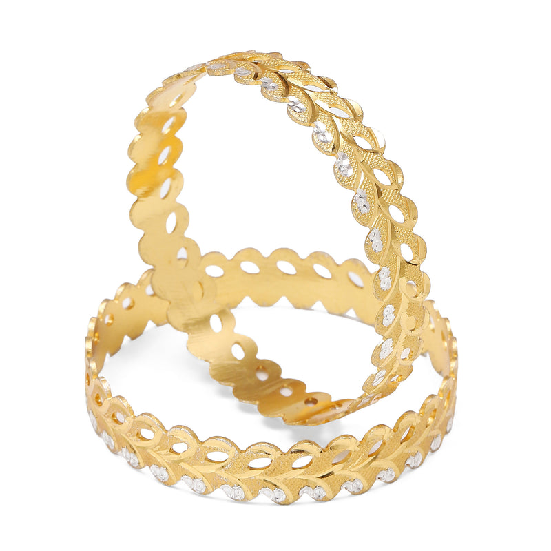 Gold-Plated Brass Dual Tone Leaf Textured White American Diamond Studded Bangles (Set Of 2)