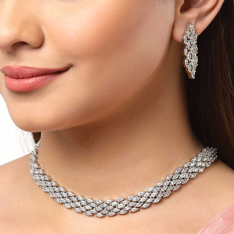 Rhodium-Plated with Silver-Tone & White American Diamond Studded Jewellery Set