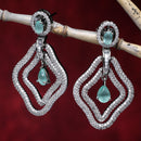 Rhodium-Plated Sea Green & White American Diamond studded Layered Drop Earrings