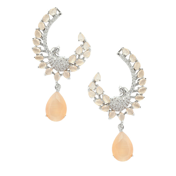 Rhodium-Plated Orange American Diamond studded Peacock & Feather Shaped Drop Earrings