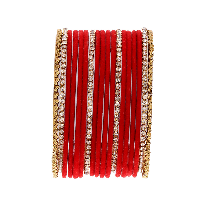Gold-Plated Red Matte Finish Velvet White American Diamonds Studded Bangles Set Of 36