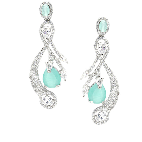 Rhodium-Plated Sea Green American Diamond studded Quirky Shaped Drop Earrings