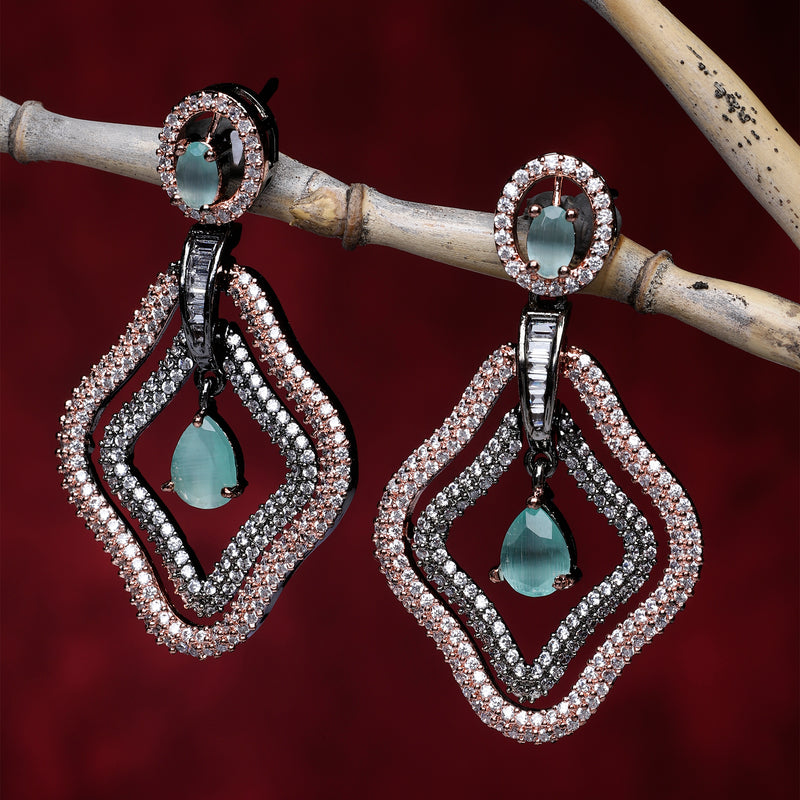 Rose Gold-Plated Gunmetal Toned Sea Green American Diamond studded Layered Drop Earrings