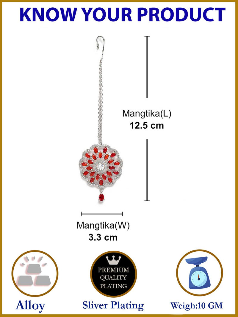 Rhodium Plated Silver Toned Red & White American Diamond Studded Bridal Maang Tikka
