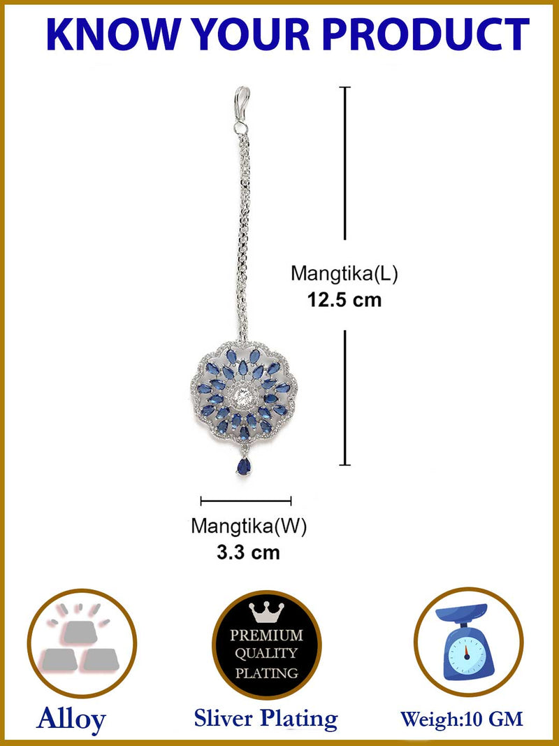 Rhodium Plated Silver Toned Blue & White American Diamond Studded Bridal Maang Tikka