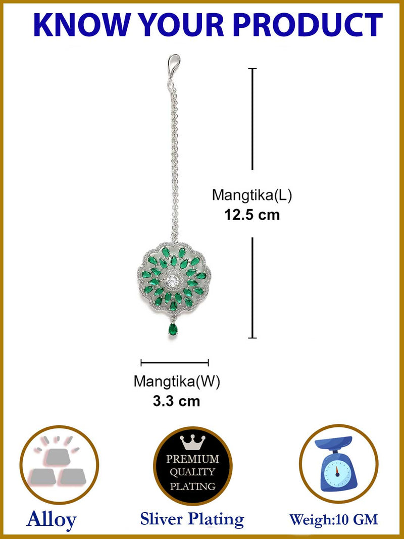 Rhodium Plated Silver Toned Green & White American Diamond Studded Bridal Maang Tikka