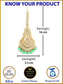 Traditional Gold Plated Kundan & Sea Green Bead Chandbali Maang Tikka