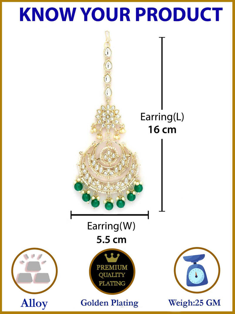 Traditional Gold Plated Kundan & Green Bead Chandbali Maang Tikka