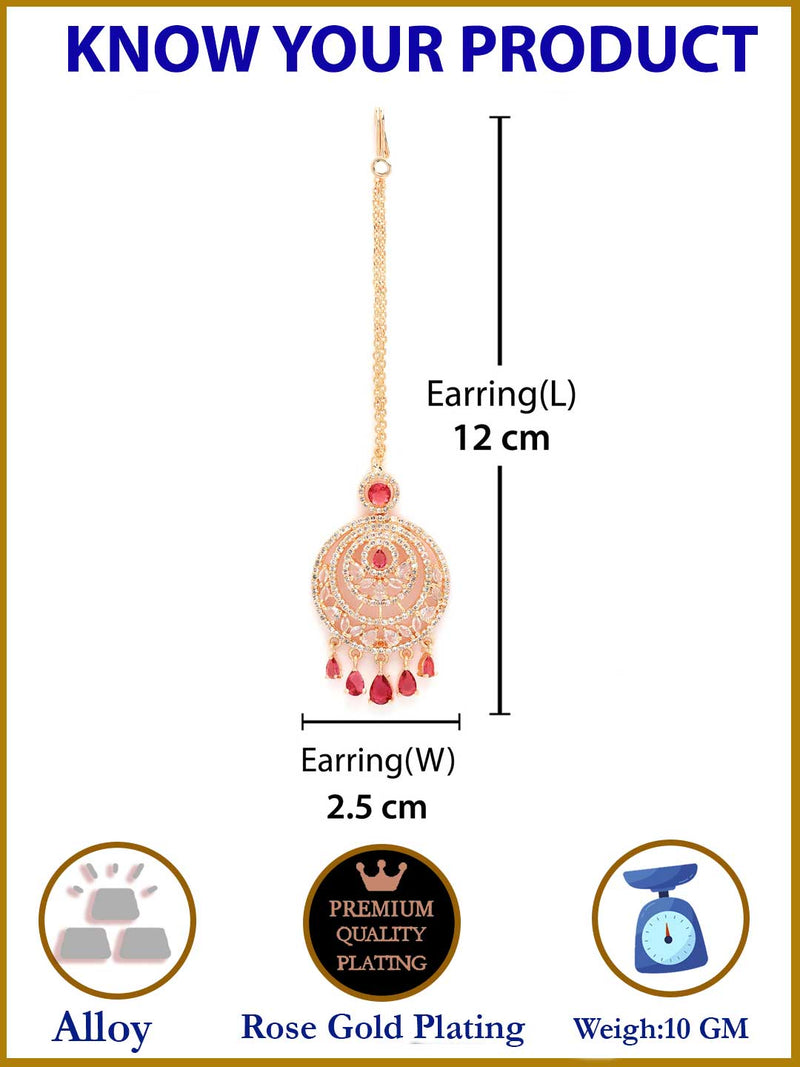 Traditional Rose Gold Plated Red American Diamond Studded Chandelier Maangtikka
