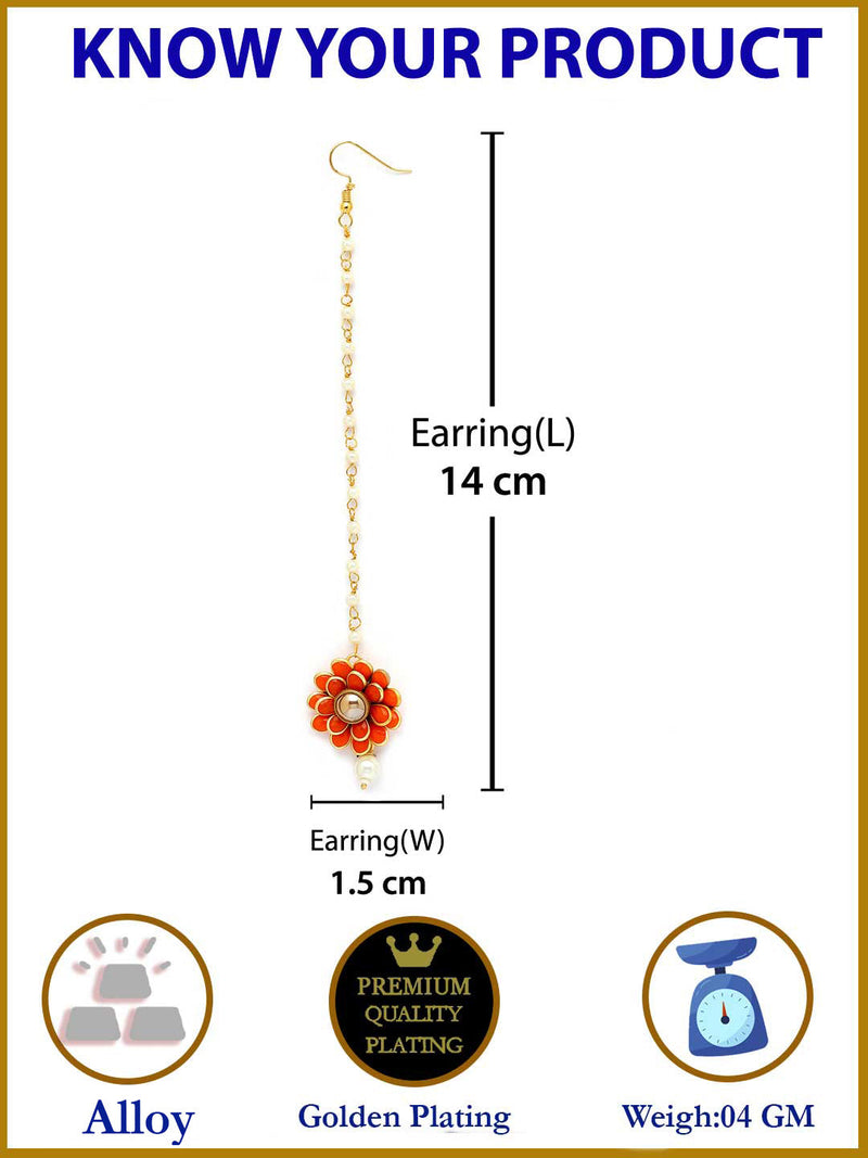 Gold Plated with Orange Stones & Pearl Drop Traditional Maang Tikka Set Of 5