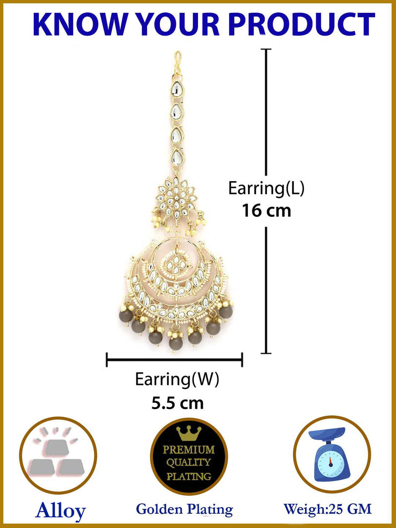 Traditional Gold Plated Kundan & Grey Bead Chandbali Maang Tikka