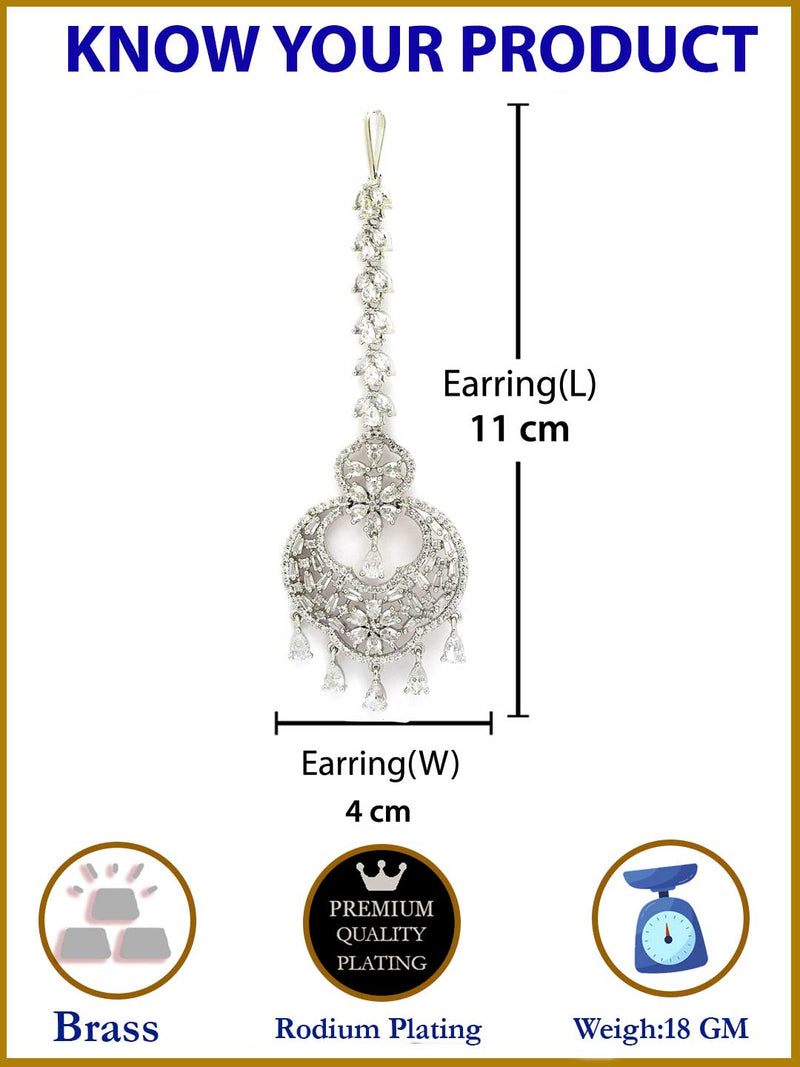Rhodium Plated Silver Toned American Diamond  Maang Tikka with Elegant Dangling Stones