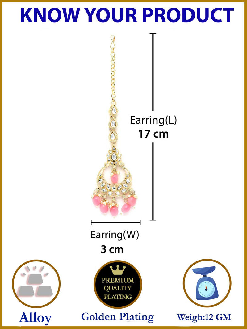 Traditional Gold Plated Kundan Studded & Pink Drop Pearl Maangtikka
