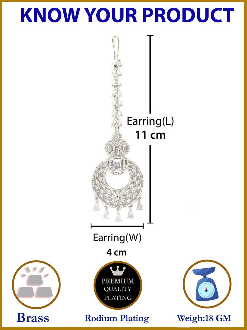 Rhodium Plated Silver Toned American Diamond  Maang Tikka with Elegant Dangling Stones