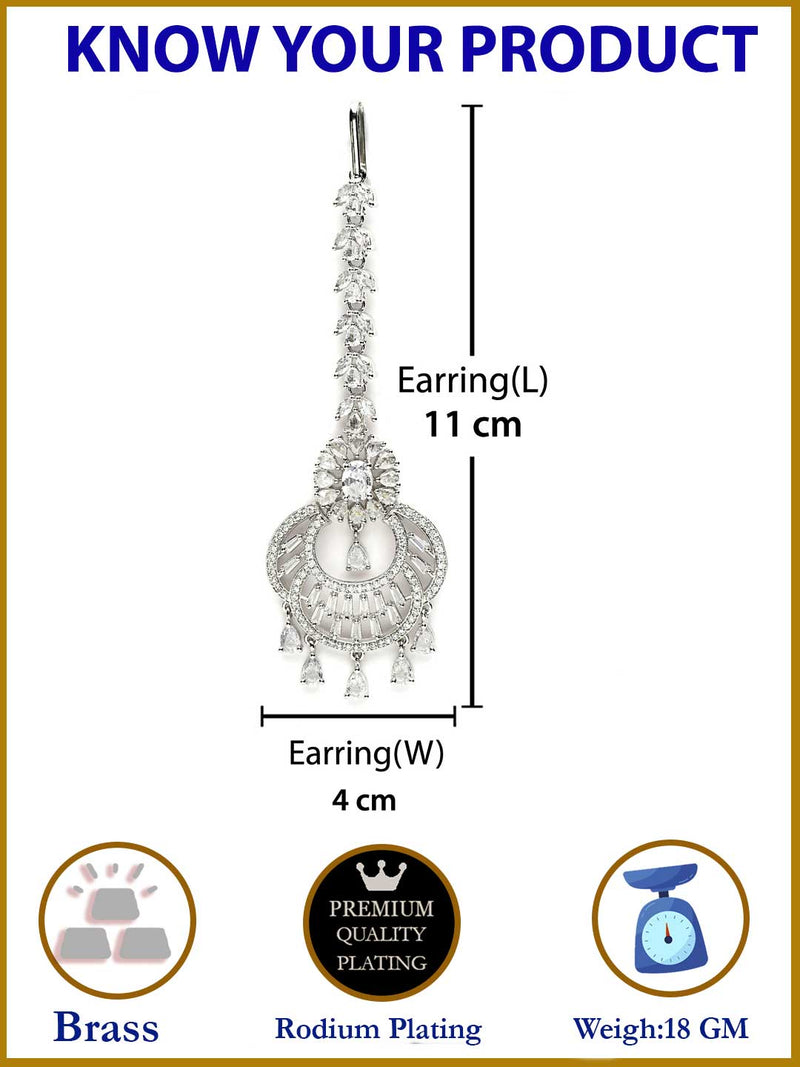 Rhodium Plated Silver Toned American Diamond  Maang Tikka With Elegant Dangling Stones
