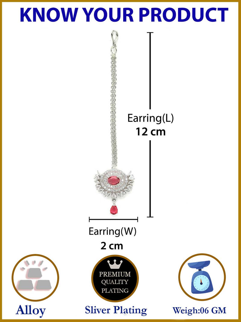 Rhodium Plated Silver Toned Red Oval American Diamond Studded Maang Tikka