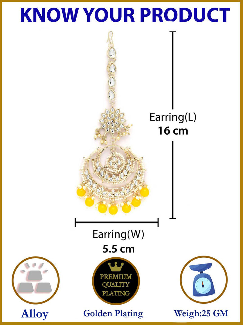 Traditional Gold Plated Kundan & Yellow Bead Chandbali Maang Tikka