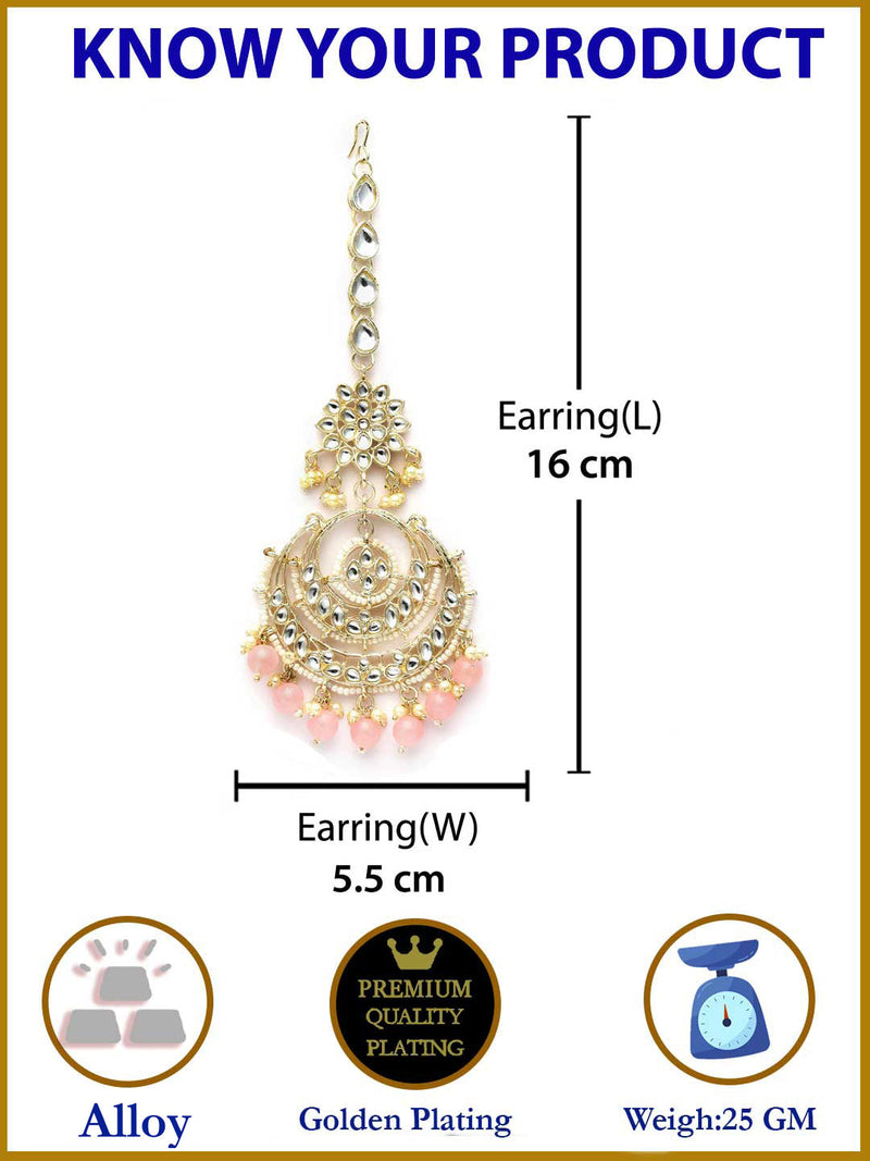 Traditional Gold Plated Kundan & Pink Bead Chandbali Maang Tikka