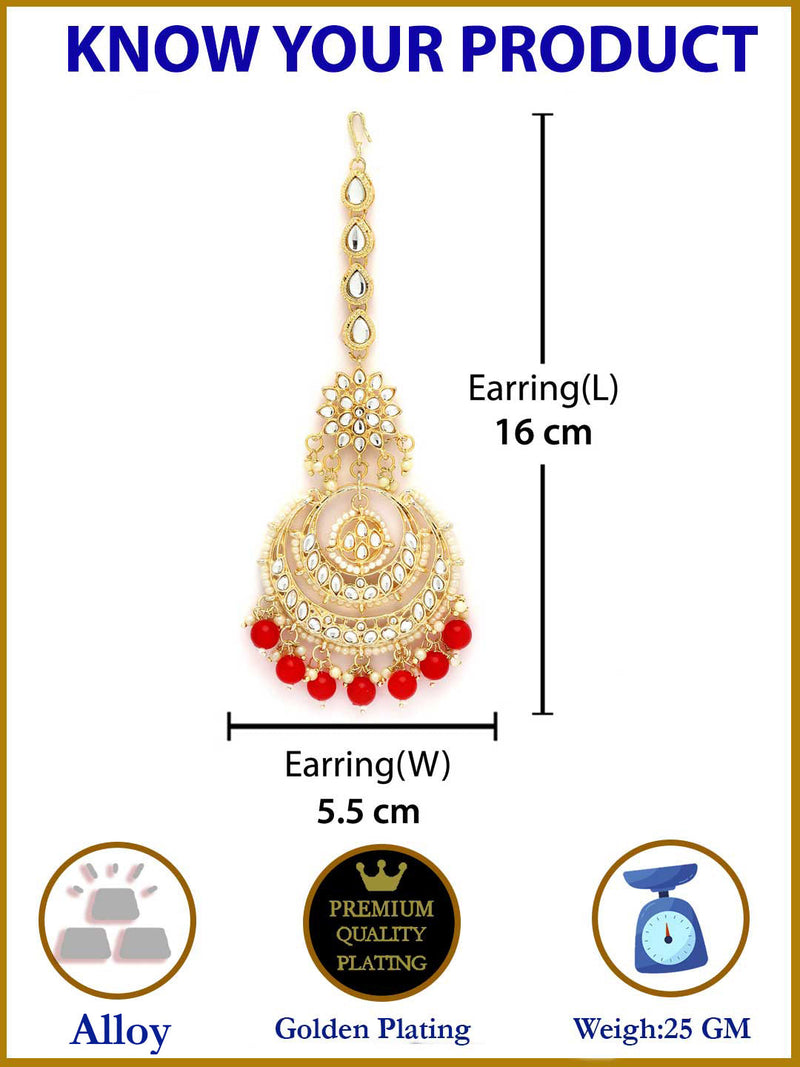 Traditional Gold Plated Kundan & Red Bead Chandbali Maang Tikka