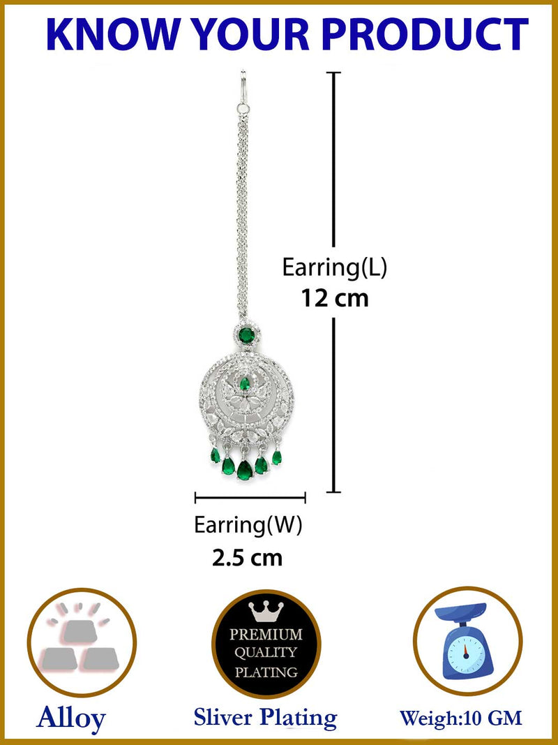 Traditional  Rhodium Plated Silver Toned Green American Diamond Studded Chandelier Maangtikka