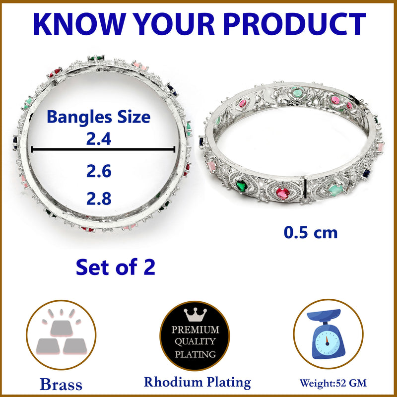 Rhodium Plated Multicolor American Diamond Studded Kada Bangles