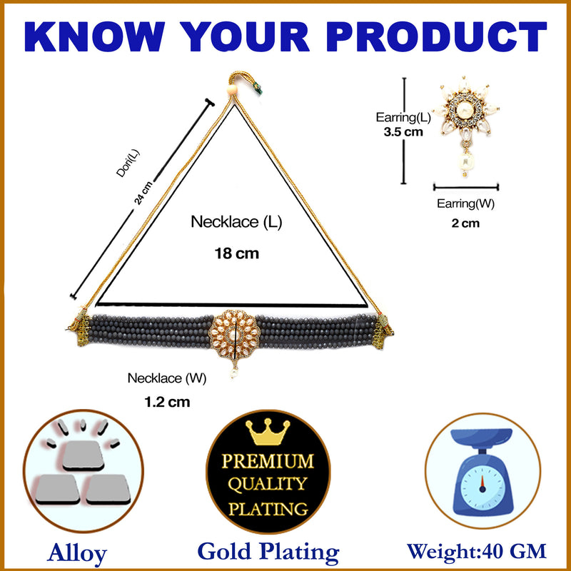 Grey Gold-plated Kundan Studded & Beaded Multistrand Choker Necklace Jewellery Set