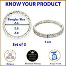 Rhodium Plated Silver Toned Sea Green & Pink Square AD Studded Set Of 2 Stylish Bangles