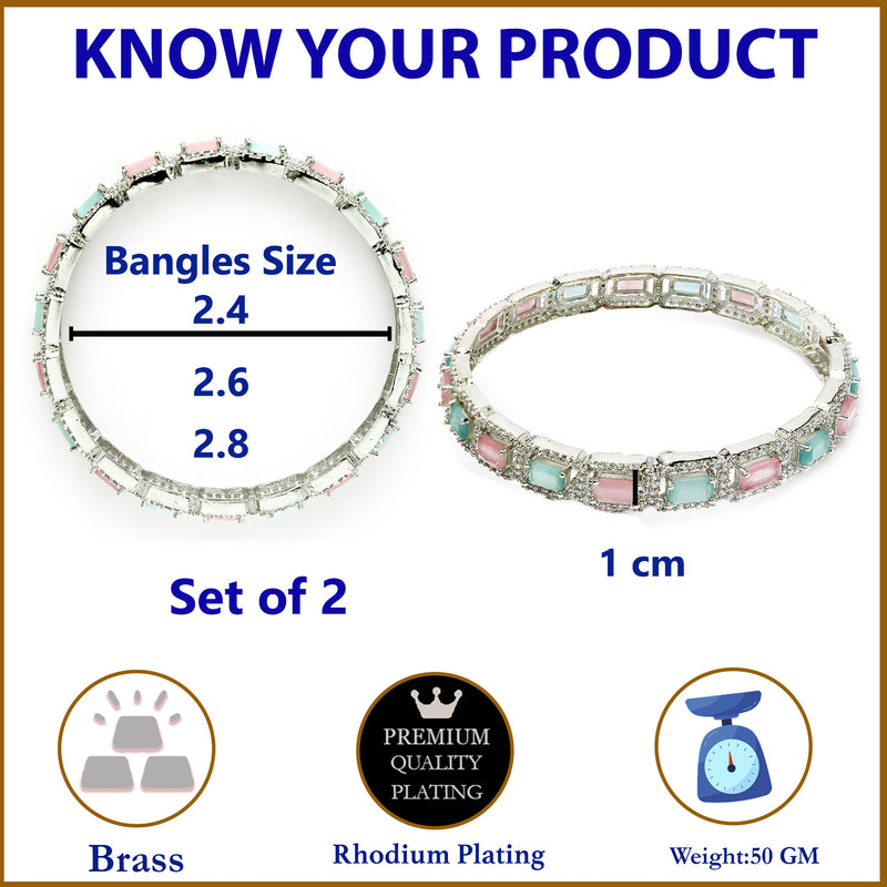 Rhodium Plated Silver Toned Sea Green & Pink Square AD Studded Set Of 2 Stylish Bangles