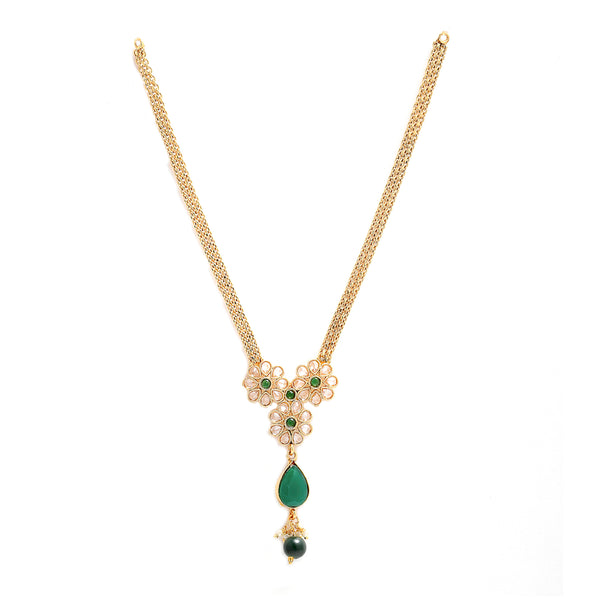 Gold-Plated Green & White Stone Studded Floral Necklace