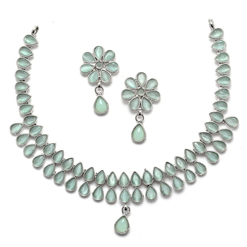 Oxidised Silver-Plated Pear Shaped Lime Green American Diamond Studded Necklace with Earrings Jewellery Set