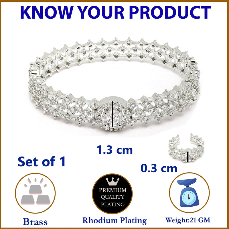 Rhodium Plated Silver Toned White American Diamond Studded Bracelet with Ring