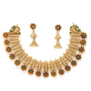 Gold-Plated Floral Design Green Artificial Stones Studded and Beads Beaded Jewellery Set