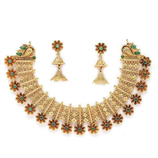 Gold-Plated Floral Design Green Artificial Stones Studded and Beads Beaded Jewellery Set
