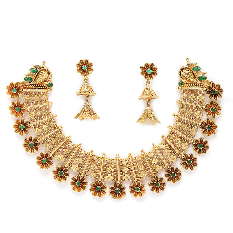Gold-Plated Floral Design Green Artificial Stones Studded and Beads Beaded Jewellery Set