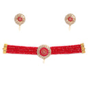 White & Red American Diamond-Studded & Beaded Gold-Plated Choker Jewellery Set