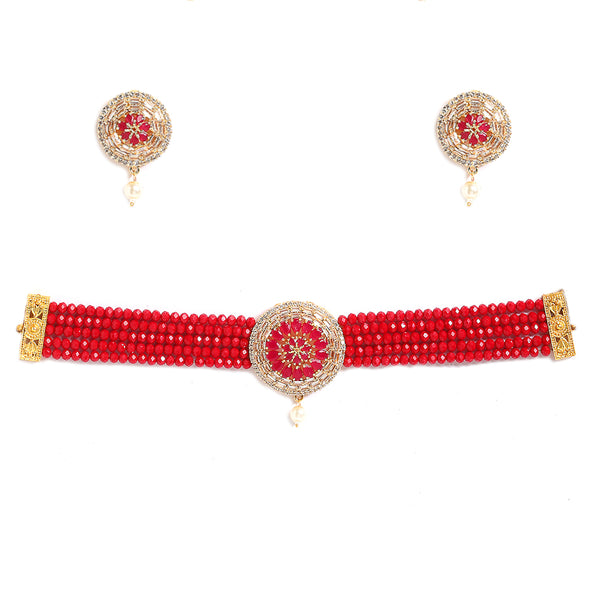 White & Red American Diamond-Studded & Beaded Gold-Plated Choker Jewellery Set